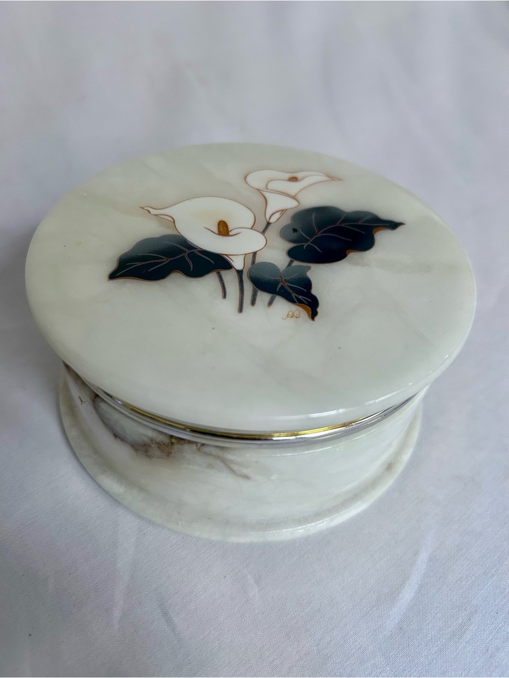 Italian Alabaster Trinket Box Hand Carved Calla Lily Floral Made in Italy